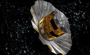 Artist's impression of the Gaia spacecraft. It looks like a gold cylinder with a silver corrugated dish shape below.
