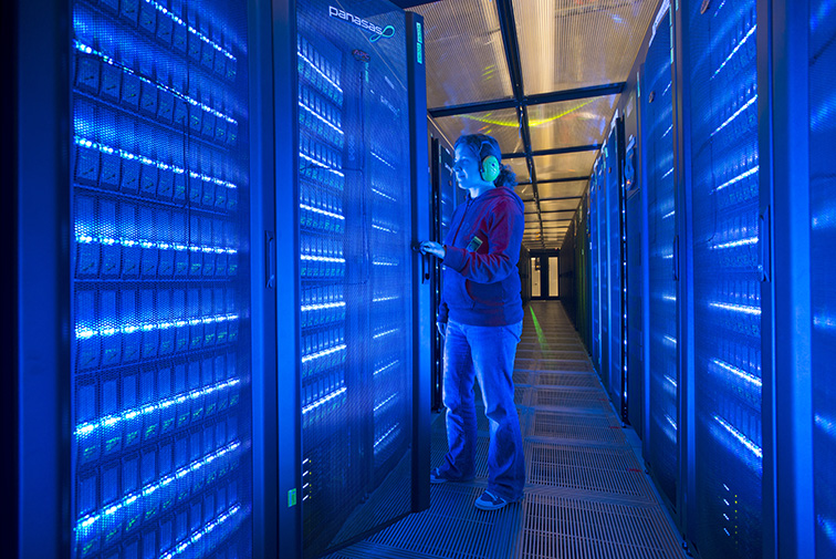 A scientist view the JASMIN super computing cluster.