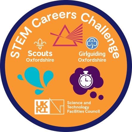 Orange circular badge with blue border and multicoloured icons representing STEM skills.