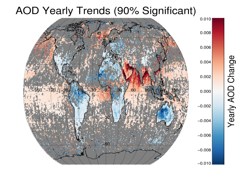 Plot of significant aerosol trends detected by the ATSR series of instruments from 1995-2012