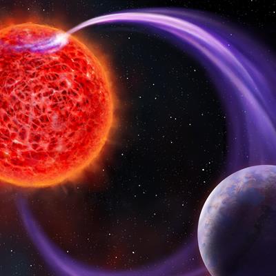 Caption image: Artist impression of a red-dwarf star’s magnetic interaction with its exoplanet. Credit to image: Danielle Futsel