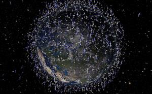 Artist's impression, based on actual data, of the Earth's debris field. The image shows objects in low earth orbit (LEO)