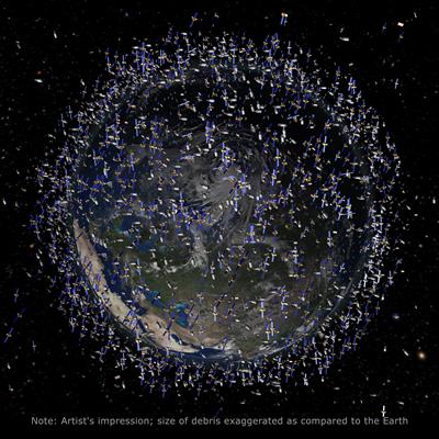 Artist's impression, based on actual data, of the Earth's debris field. The image shows objects in low earth orbit (LEO)