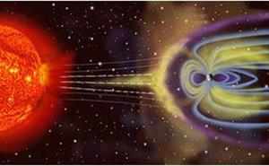 Artists impression of the Earths magnetic shield protecting us from solar wind