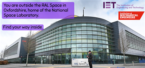 A security guard stands in front of a large glass-fronted facility and users are prompted to solve the first challenge.