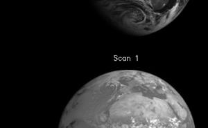 Two images of Earth showing calibrated radiances for the shortwave channel and total channel.