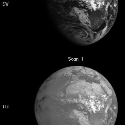 Two images of Earth showing calibrated radiances for the shortwave channel and total channel.