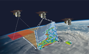Five small satellites scanning the Earth gathering data at multiple altitudes and areas in the atmosphere.