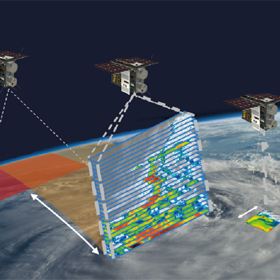 Five small satellites scanning the Earth gathering data at multiple altitudes and areas in the atmosphere.