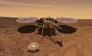 Illustration showing InSight spacecraft with its instruments deployed on the Martian surface.