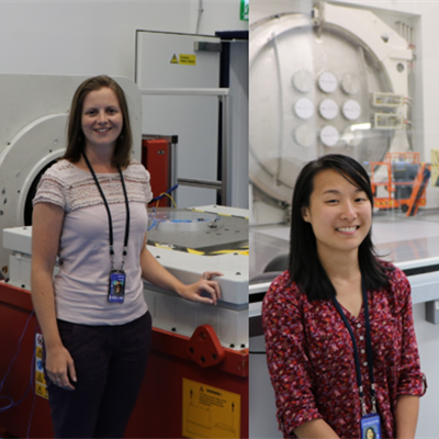 Two pictures of female engineers working at RAL Space.