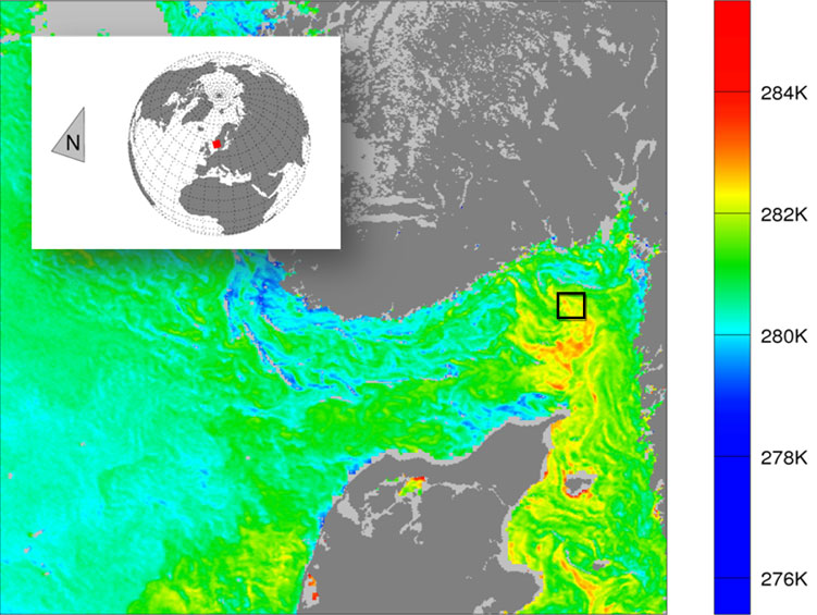 An image of an AATSR sea surface temperature map indicating the position of SISTeR at the time of inter-comparison. 