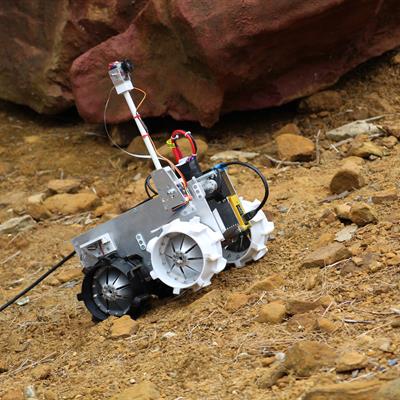 University of Surrey’s winning rover in the RAL Space robotic trails area. Credit: Thales Alenia Space in the UK