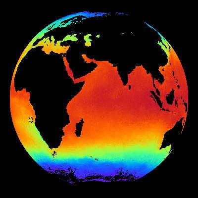 Image of Earth showing sea surface temperature in colour scale.