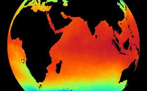 Image of Earth showing sea surface temperature in colour scale.