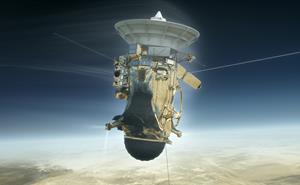 Illustration of NASA’s Cassini spacecraft during its final entry into Saturn’s atmosphere.