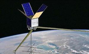Artist's impression of a satellite in Earth's orbit with opened solar panels and antenna.