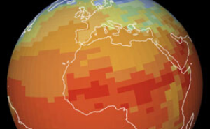 Image of the globe, large blocky pixels denote climate variation.