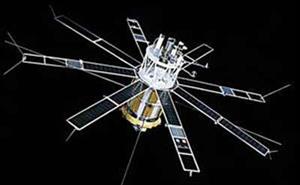 Spacecraft with opened solar panels.