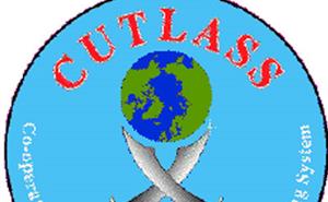 Cutlass logo - the Earth above crossed cutlasses on a circular blue background