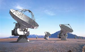 ALMA antenna pointing skyward in the Atacama desert.