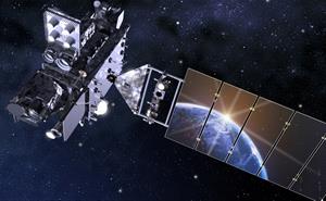A spacecraft with the reflection of the Earth on the solar panel.