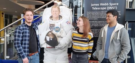 University of Birmingham students Holly, Abu and Alex in the RAL Space R100 building.