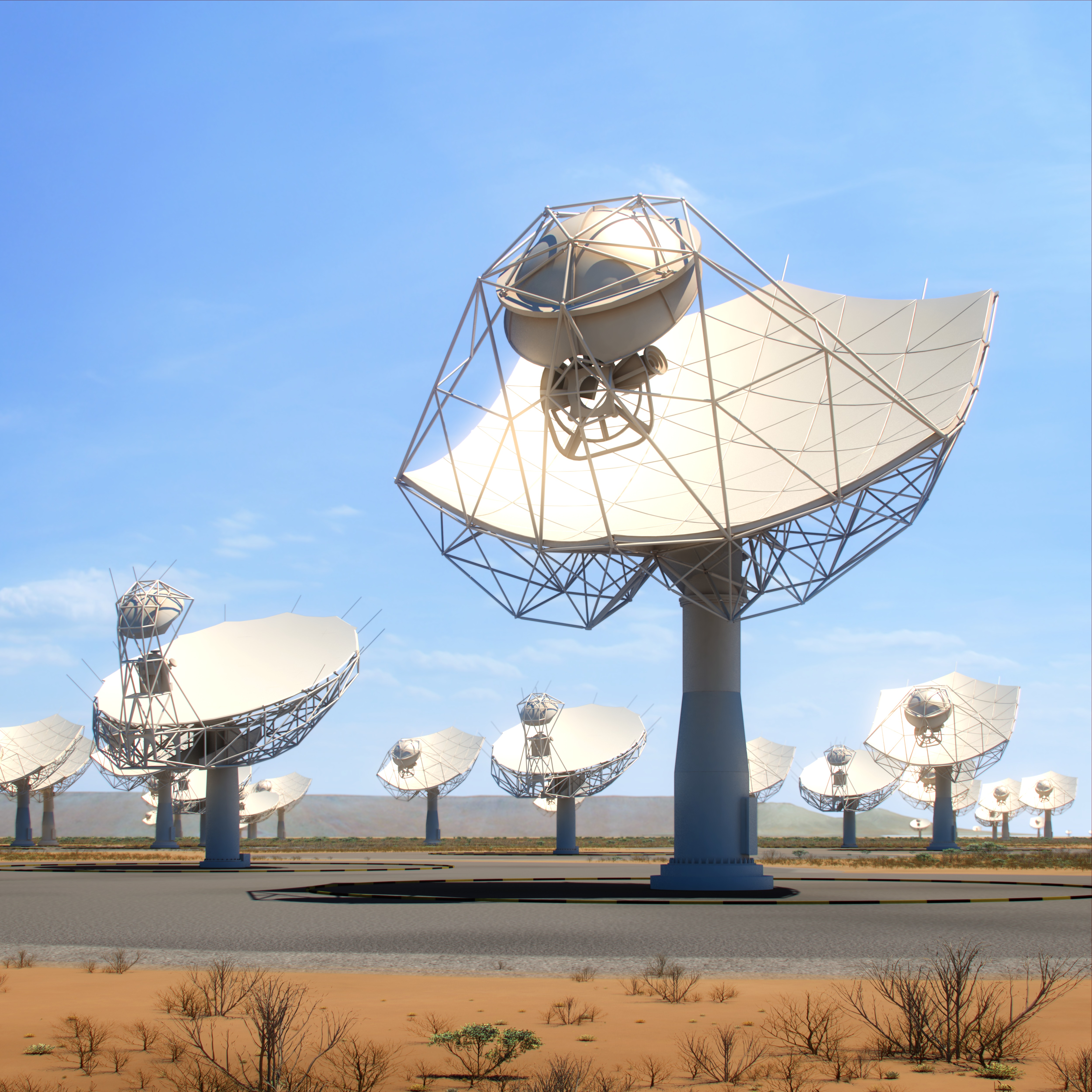 Artist's impression of the 15m SKA-mid dishes in the African desert showing how they may look once completed