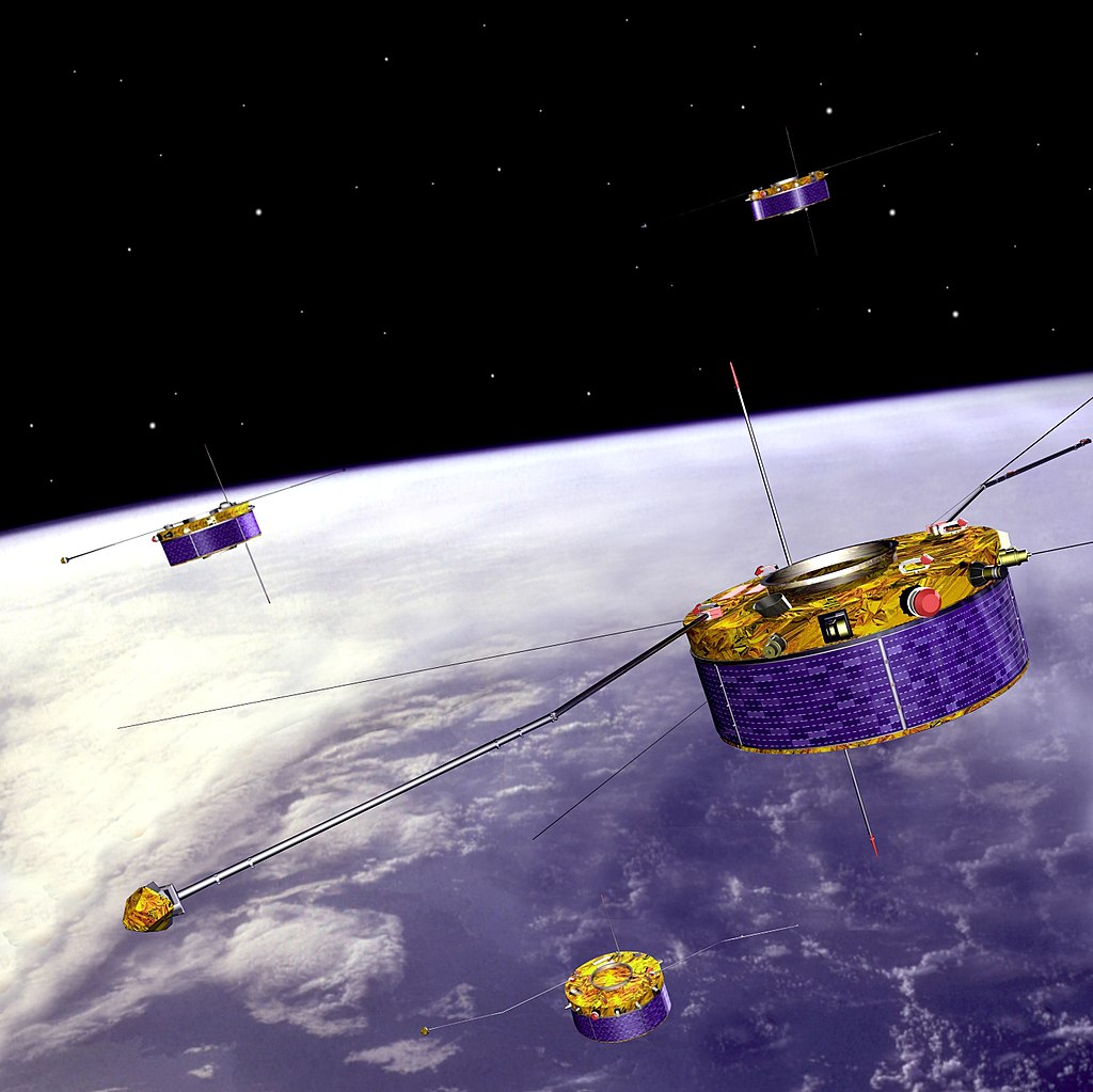 Illustration of four satellites flying in low Earth orbit above the curved edge of Earth, with clouds visible on the planet’s surface below