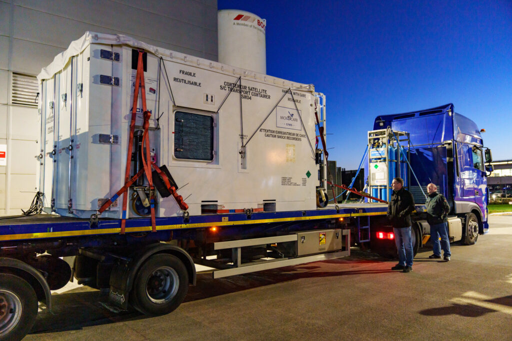Microcarb arrived from France in a specialist container | Credit: Thales Alenia Space