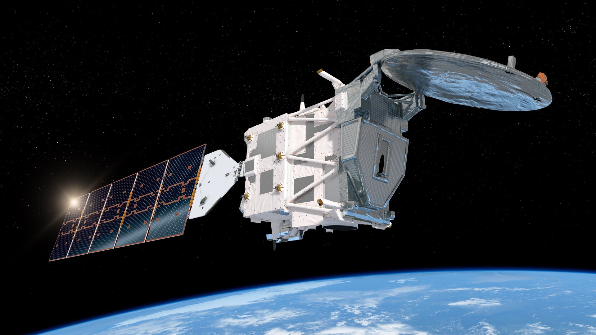 Artist's impression of the EarthCARE satellite orbiting Earth.