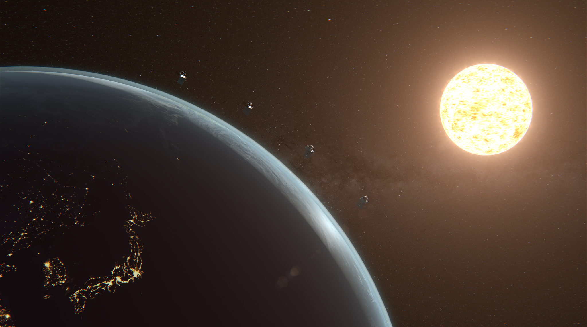Artist's impression of the four PUNCH satellites in orbit around the Earth, with the Sun in the background.
