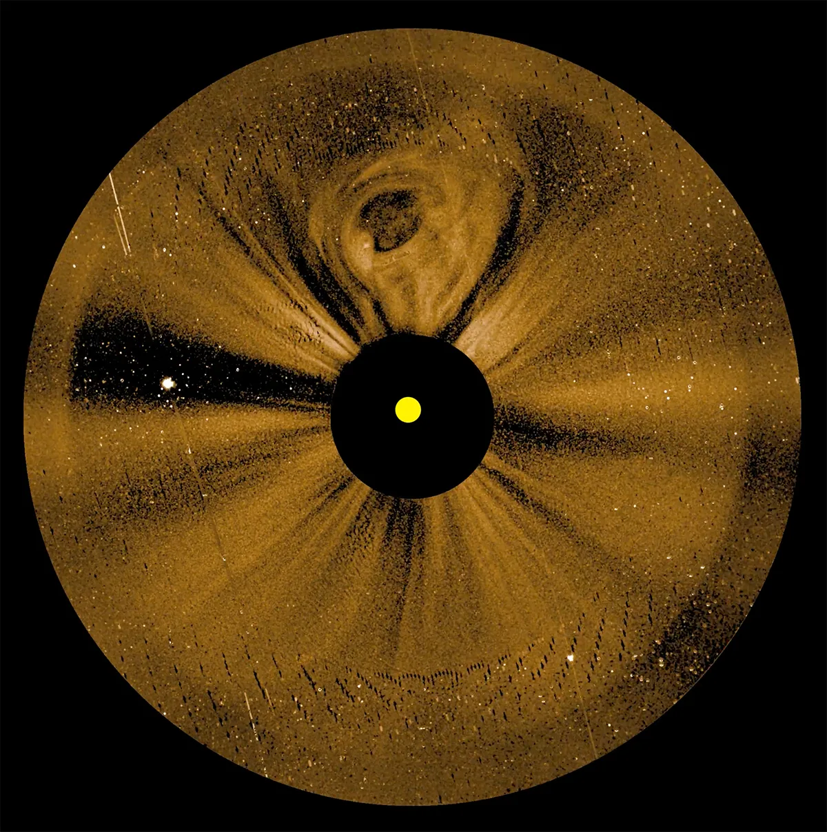 The Narrow Field Imager camera on one of the four spacecraft of NASA’s PUNCH mission, imaged a large coronal mass ejection on 3 June 2025. The coronal mass ejection can be seen rising in the centre of the image, above the blocked-out Sun.
