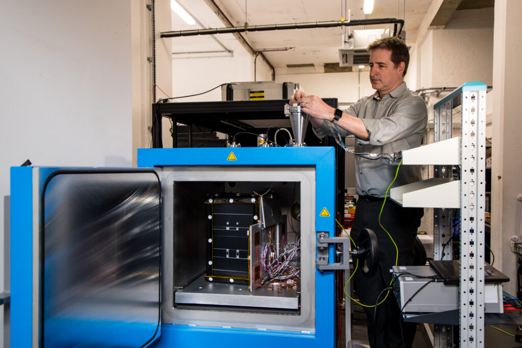 A representative model of CosmoCube undergoing thermal tests at RAL Space.
