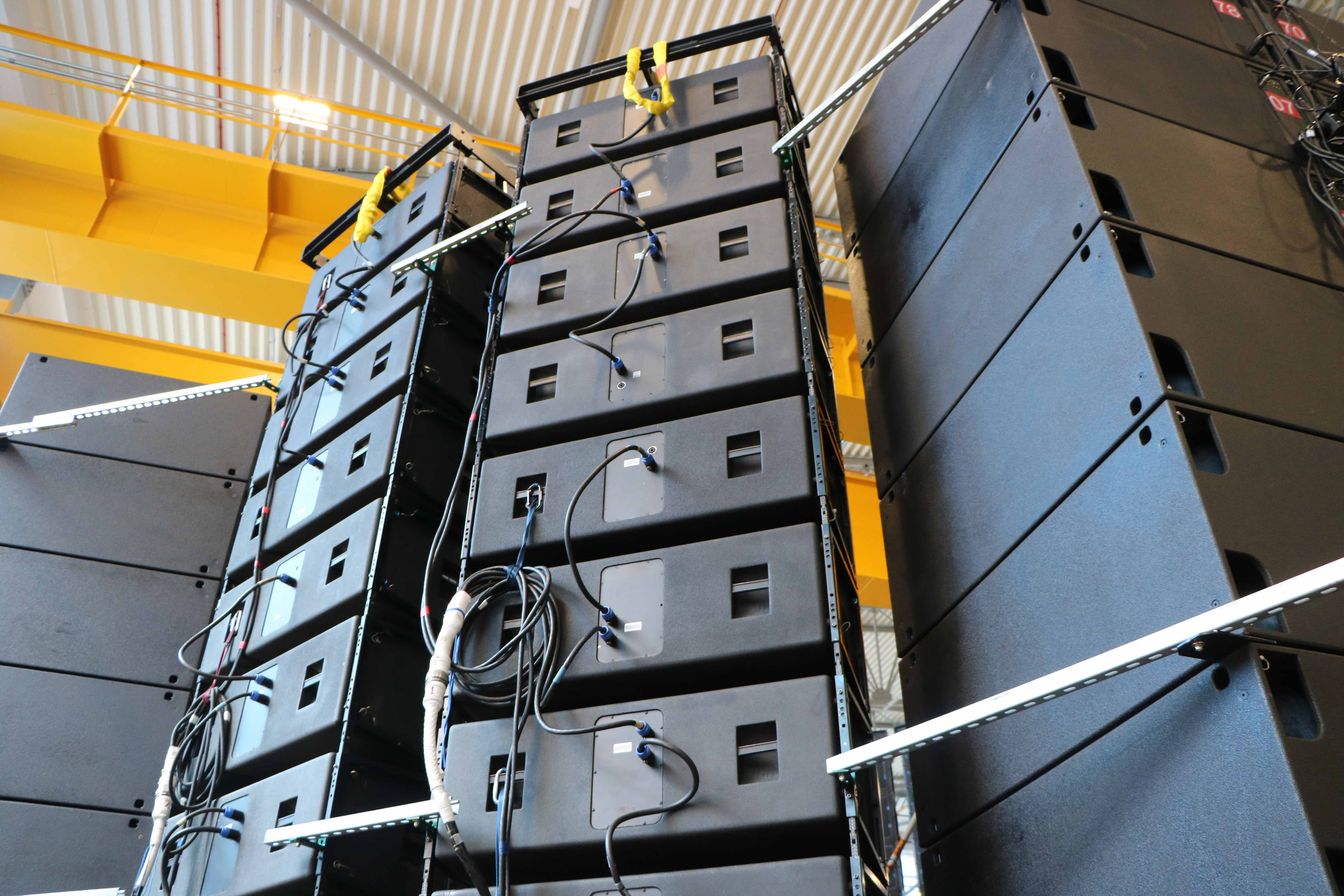 Large speakers used in the Direct Field Acoustic Test at RAL.