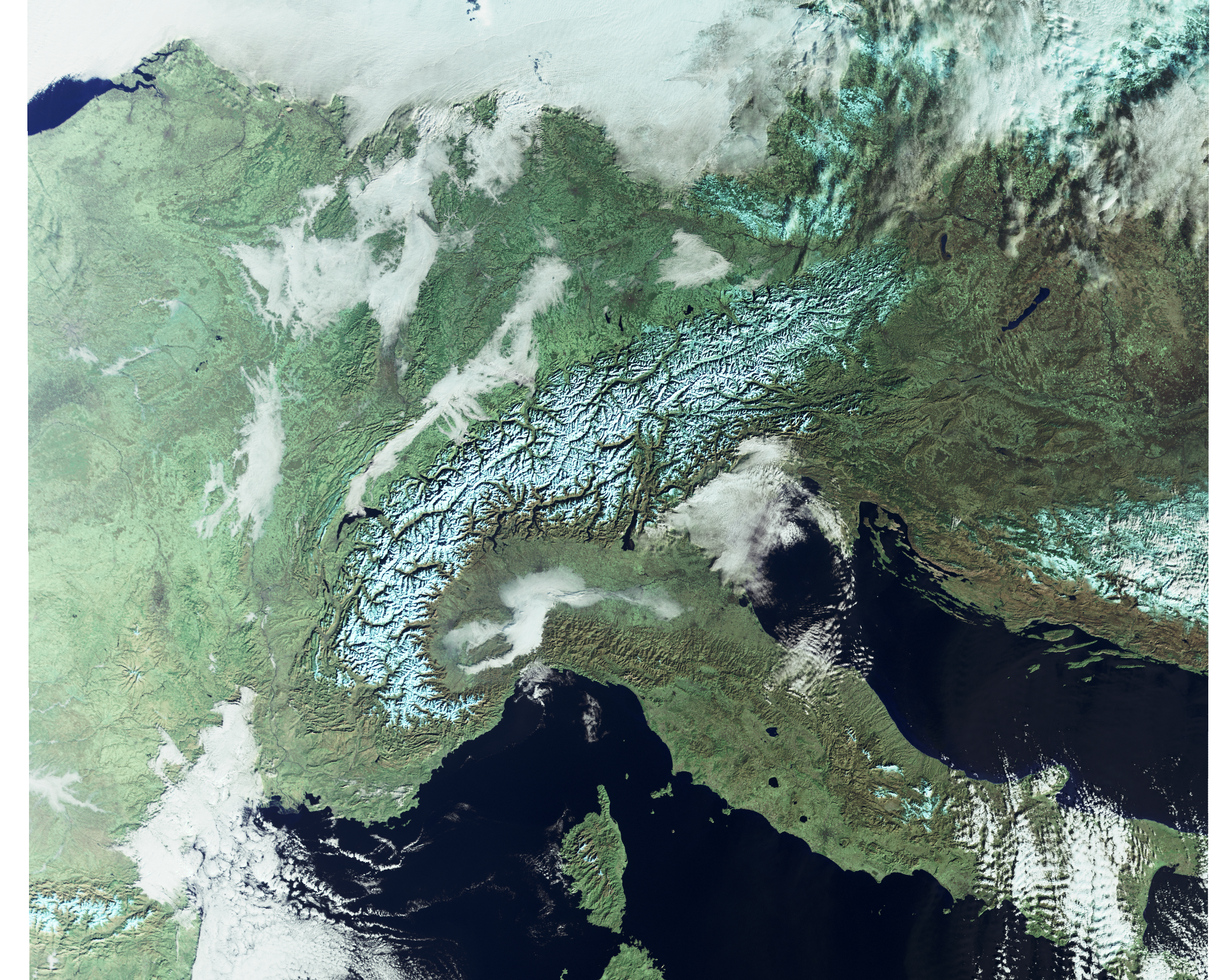 Sentinel-3 image of the Alps showing both snow and clouds