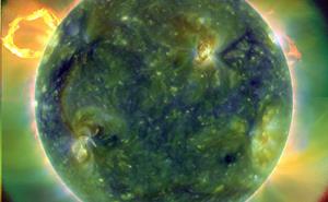 A ultraviolet image of the Sun taken by SDO with colours representing different gas temperatures.