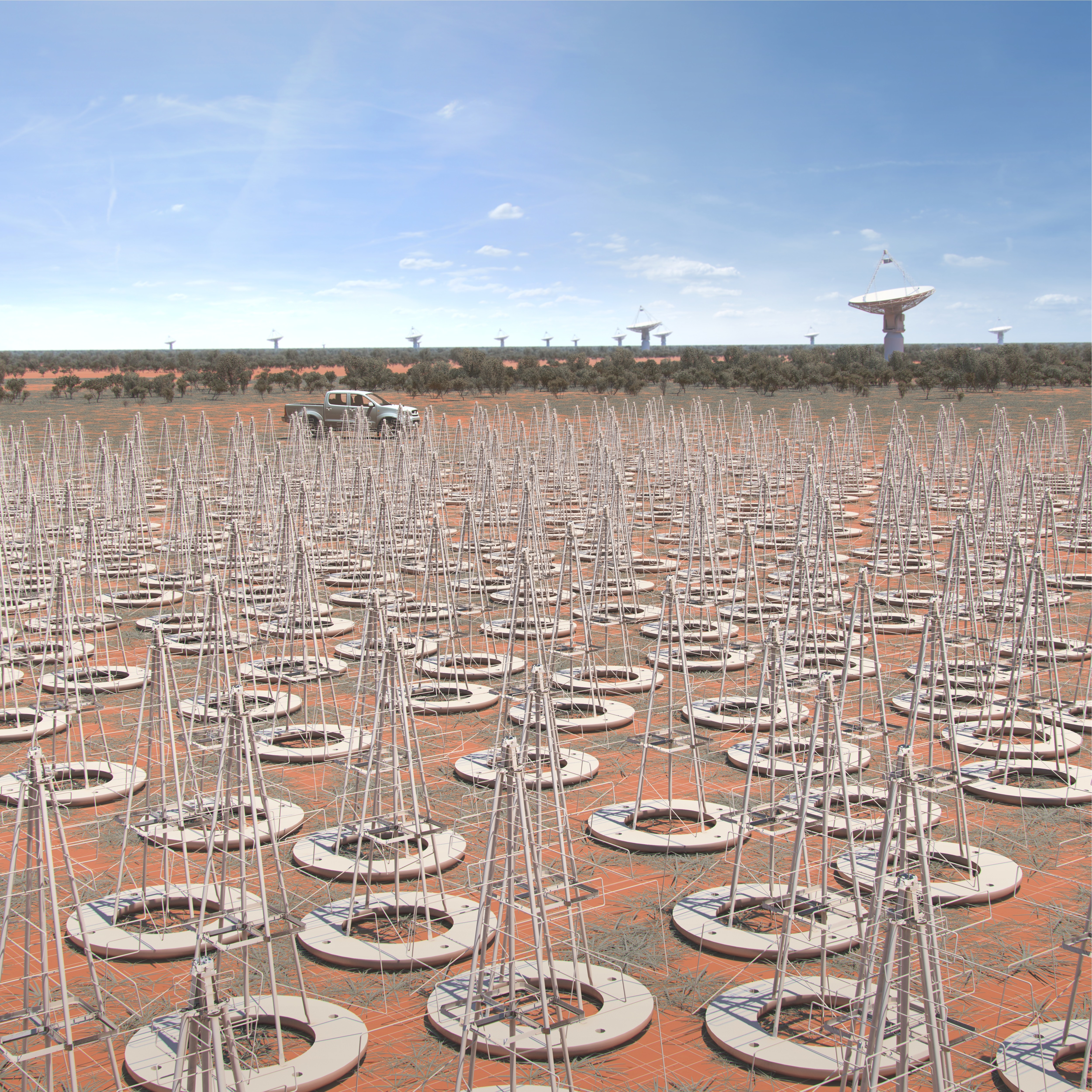 Artist's impression of the SKA Low Frequency Aperture Array - hundreds of radio antenna in the Australian desert.